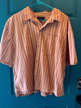 Cotton On Men’s Short-Sleeve Button-Down Shirt - Coral and Yellow Stripe